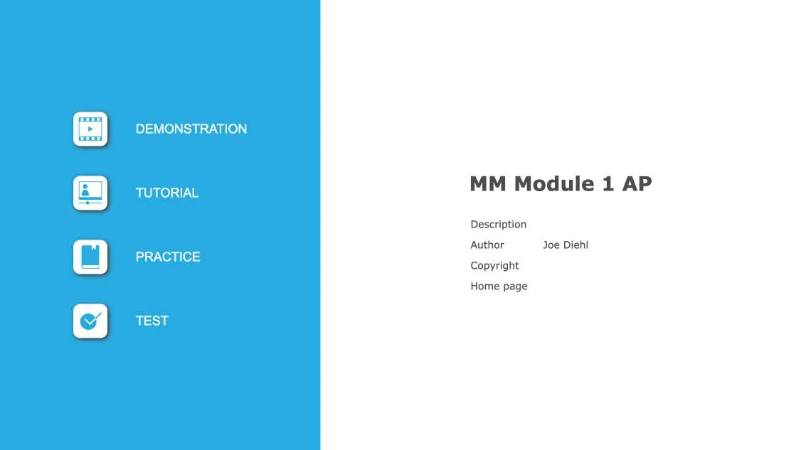 Landing page of the module: a blue menu — Demonstration, Tutorial, Practice, Test — and the title “MM Module 1”.