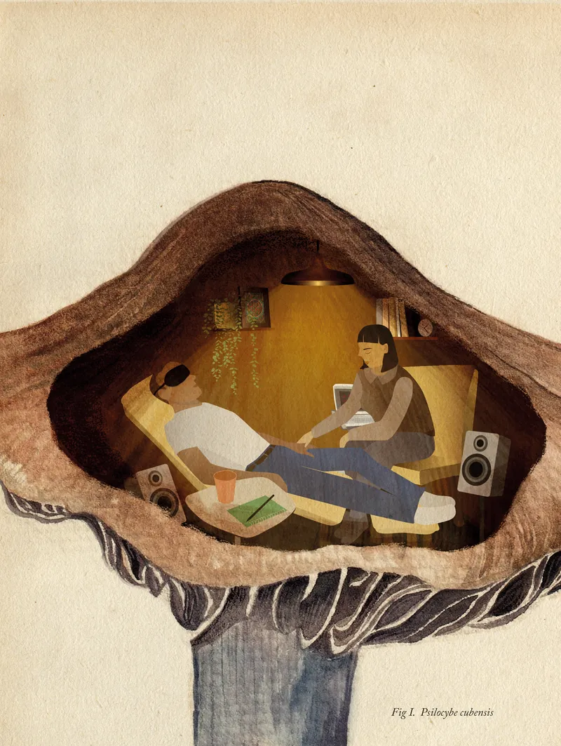 Detail of the ReSPCT illustration: inside a mushroom cap, two people recline in a warmly lit room with speakers, cushions and plants.